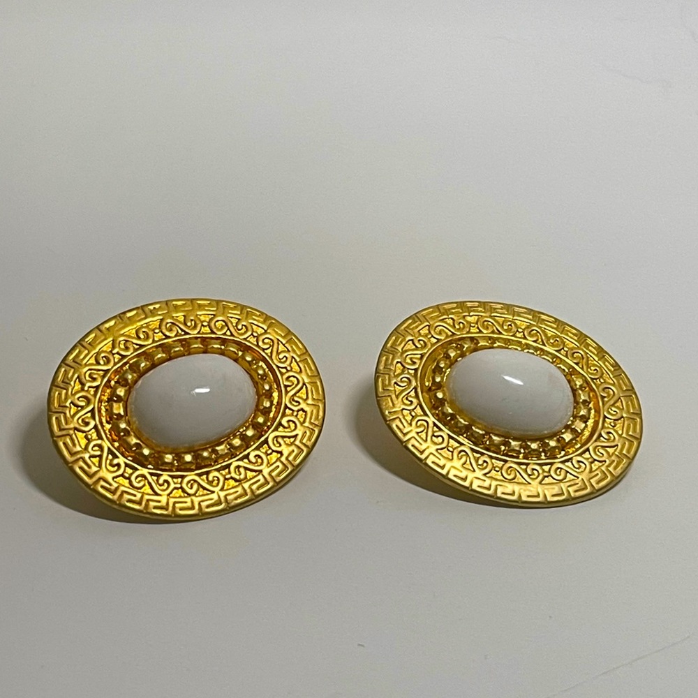 Vintage Gold Tone and White Cabochon Clip On Earrings
